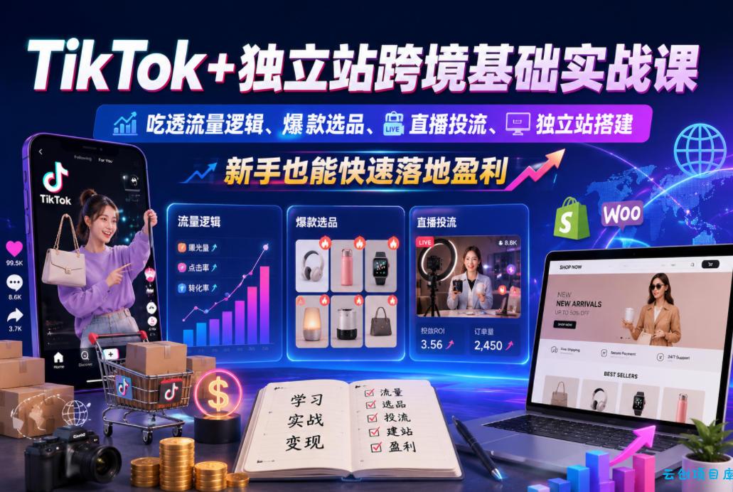TikTok+独立站跨境基础实战课，吃透流量逻辑、爆款选品、直播投流与独立站搭建，新手也能快速落地盈利-云创项目库
