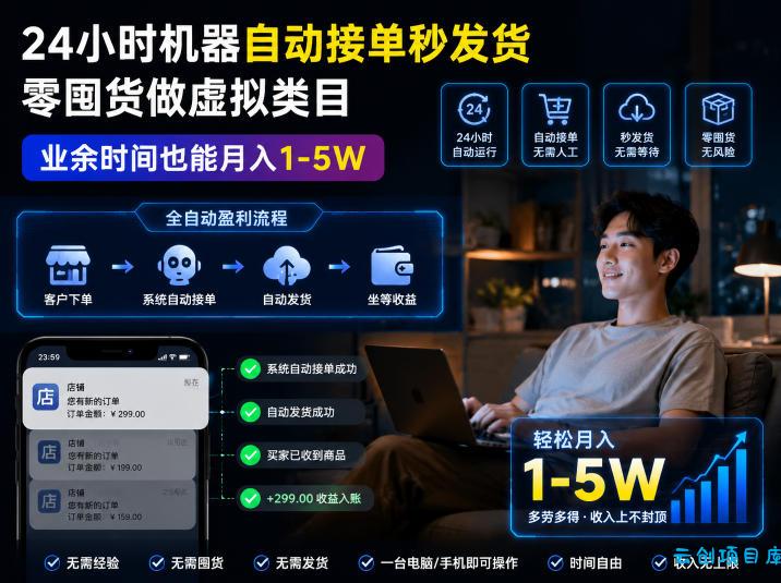 24小时机器自动接单秒发货，零囤货做虚拟类目，业余时间也能月入1-5W【揭秘】-云创项目库