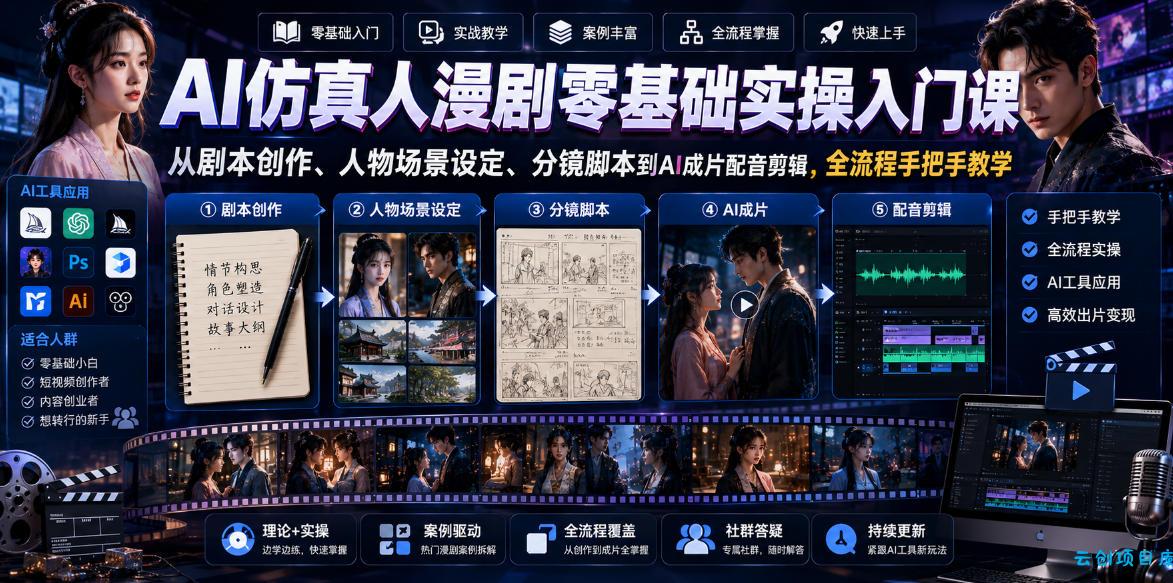 AI仿真人漫剧零基础实操入门课，从剧本创作、人物场景设定、分镜脚本到AI成片配音剪辑，全流程手把手教学-云创项目库