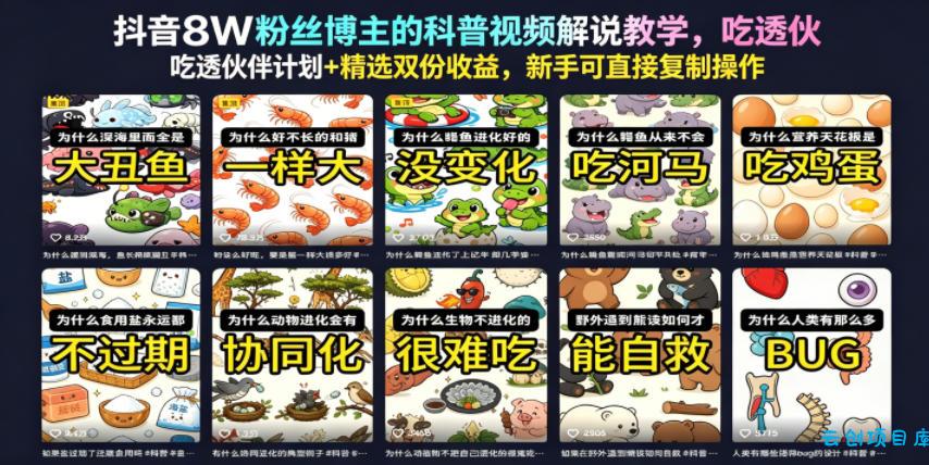 抖音8W粉丝博主的科普视频解说教学，吃透伙伴计划+精选双份收益，新手可直接复制操作-云创项目库