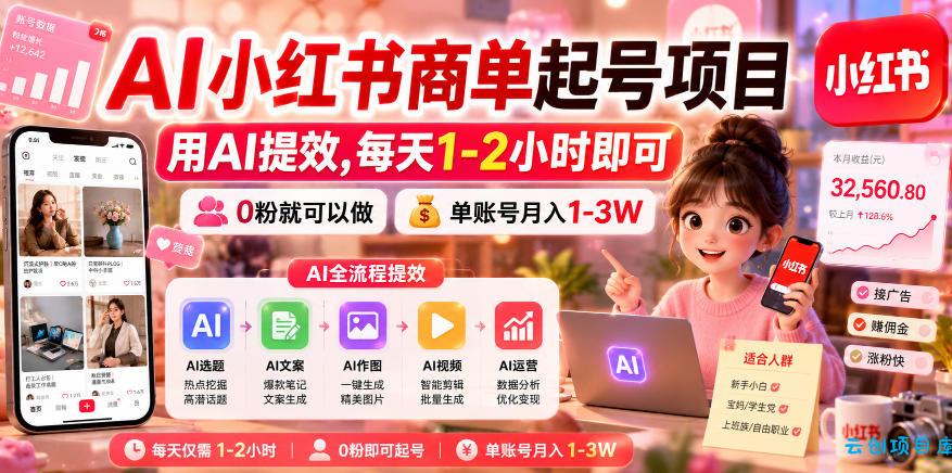AI小红书商单起号项目,用AI提效,每天1-2小时即可,0粉就可以做,单账号月入1-3W