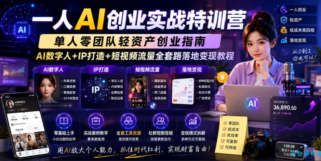 一人AI创业实战特训营,单人零团队轻资产创业指南,AI数字人+IP打造+短视频流量全套路落地变现教程
