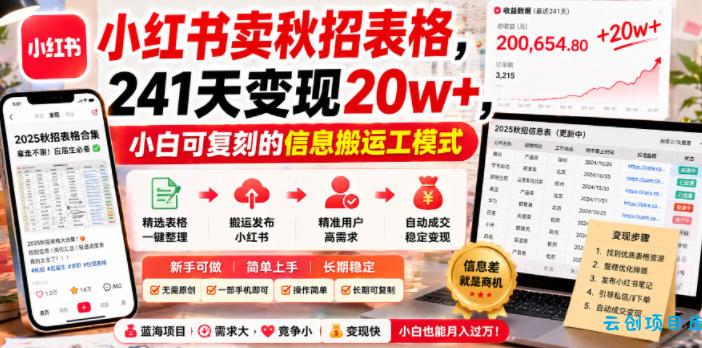 小红书卖秋招表格，241天变现20w+，小白可复刻的信息搬运工模式-云创项目库