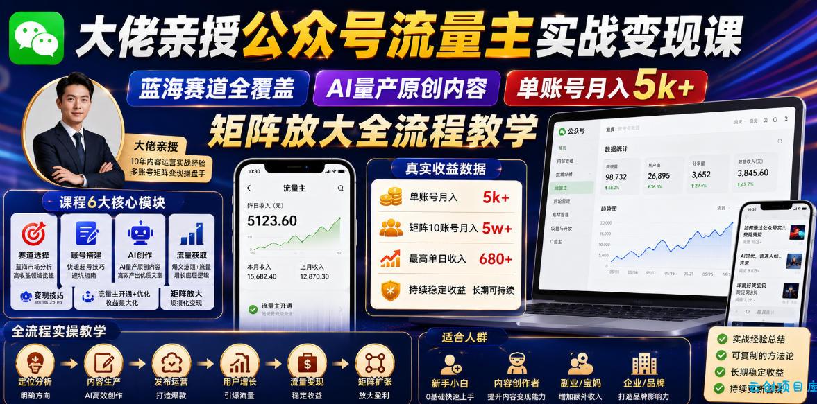 大佬亲授公众号流量主实战变现课,蓝海赛道全覆盖,AI量产原创内容,单账号月入5k+矩阵放大全流程教学