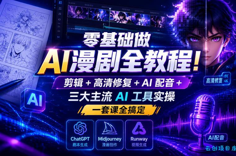 零基础做AI漫剧全教程!剪辑+高清修复+AI配音+三大主流AI工具实操,一套课全搞定