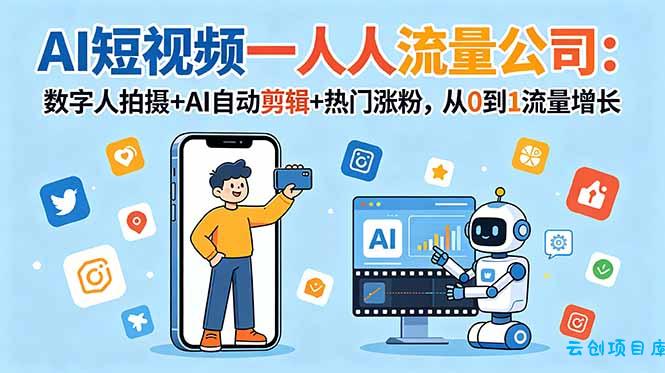AI短视频一人流量公司：数字人拍摄+AI自动剪辑+热门涨粉，从0到1流量增长-云创项目库