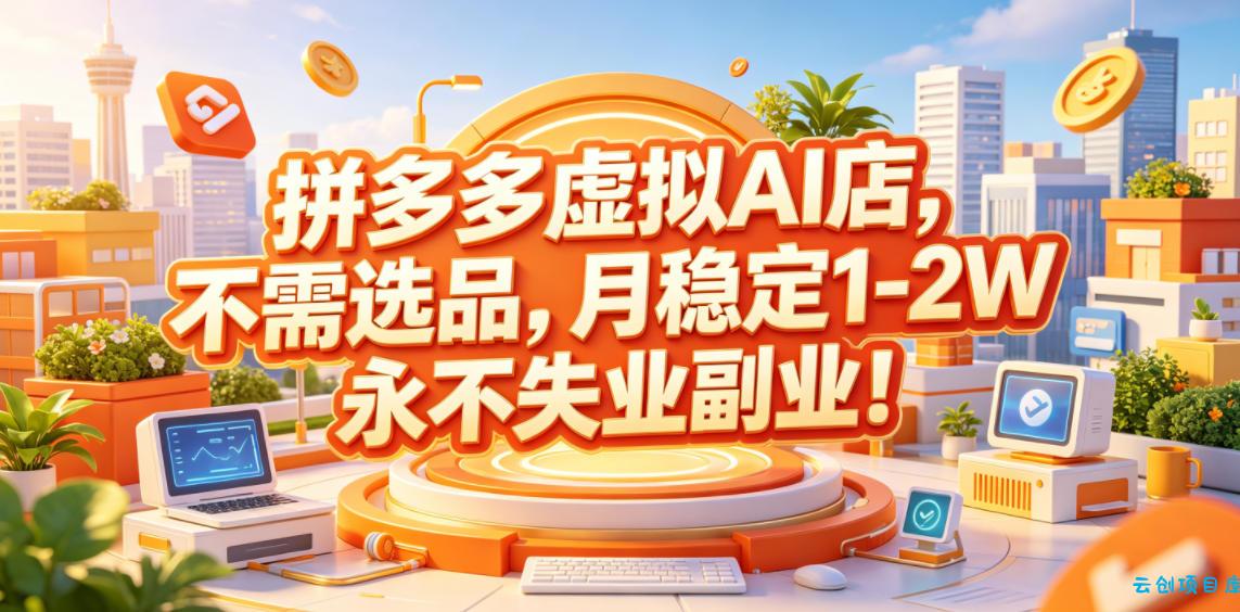 拼多多虚拟AI店，不需选品，月稳定1-2W，永不失业副业！【揭秘】-云创项目库