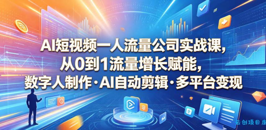 AI短视频一人流量公司实战课,从0到1流量增长赋能,数字人制作・AI自动剪辑・多平台变现,一人做流量生意全落地教程