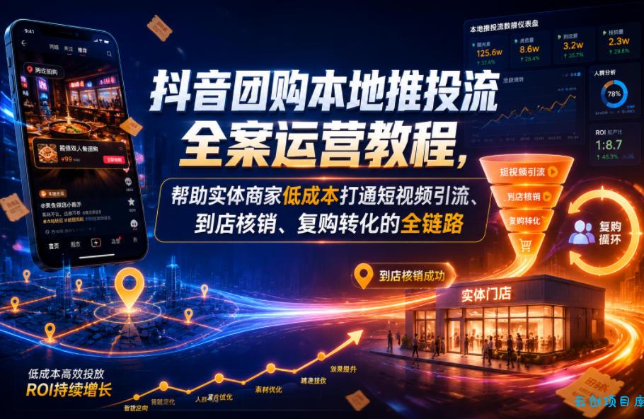 抖音团购本地推投流全案运营教程,帮助实体商家低成本打通短视频引流、到店核销、复购转化的全链路