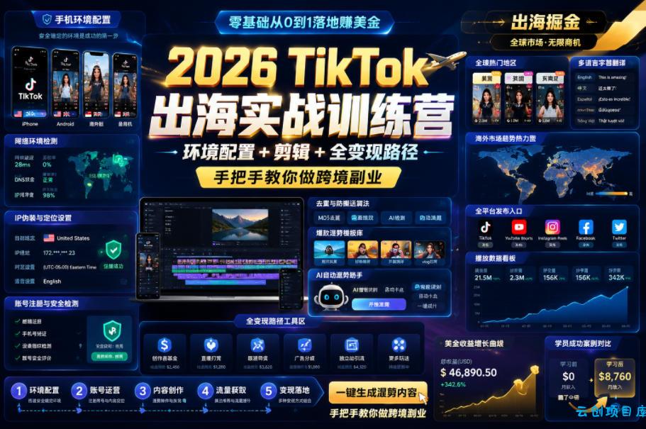 2026 TikTok出海实战训练营，环境配置 + 剪辑 + 全变现路径，手把手教你做跨境副业-云创项目库
