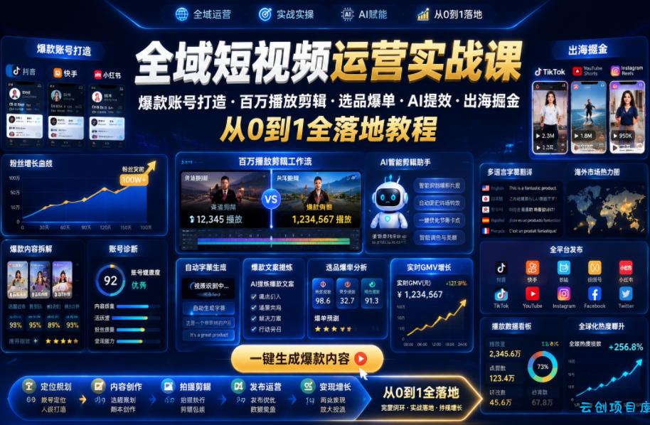 全域短视频运营实战课,爆款账号打造・百万播放剪辑・选品爆单・AI提效・出海掘金,从0到1全落地教程