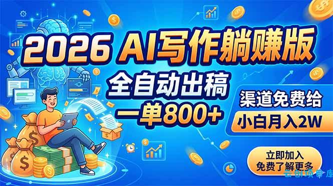 2026 AI写作躺赚版：全自动出稿，一单800+，渠道免费给，小白月入2W-云创项目库
