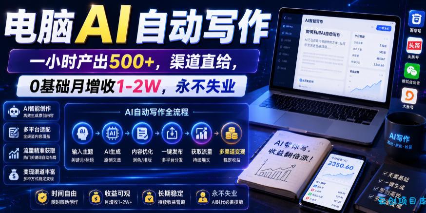 电脑AI自动写作，一小时产出500+，渠道直给，0基础月增收1-2W，永不失业【揭秘】-云创项目库