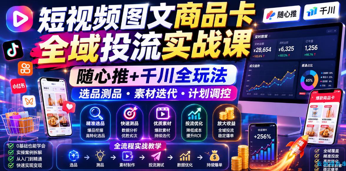 短视频图文商品卡全域投流实战课，随心推+千川全玩法，选品测品・素材迭代・计划调控，提升ROI爆单增收教程-云创项目库
