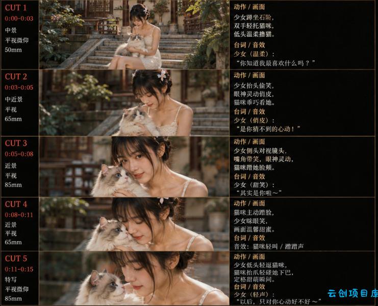 美女和猫故事提示词,人物一致性提示词+故事板