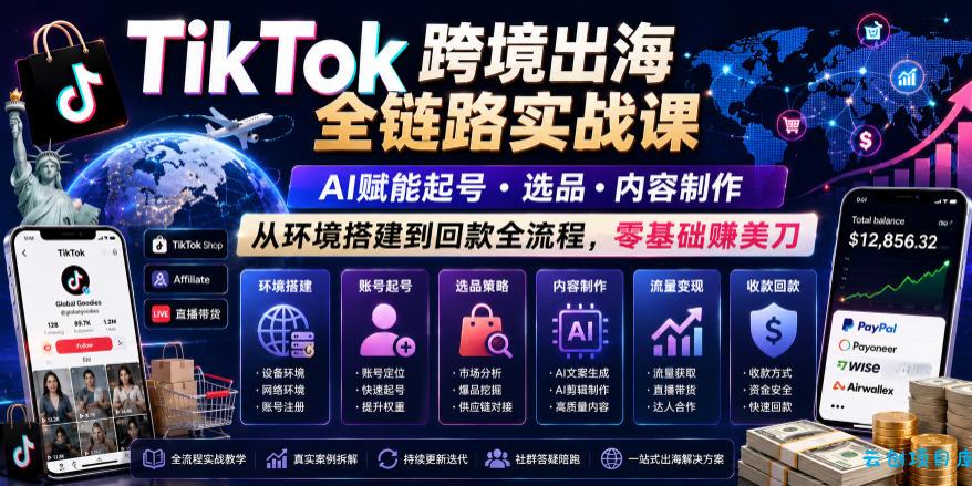 TikTok跨境出海全链路实战课，AI赋能起号・选品・内容制作，从环境搭建到回款全流程，零基础賺美刀-云创项目库