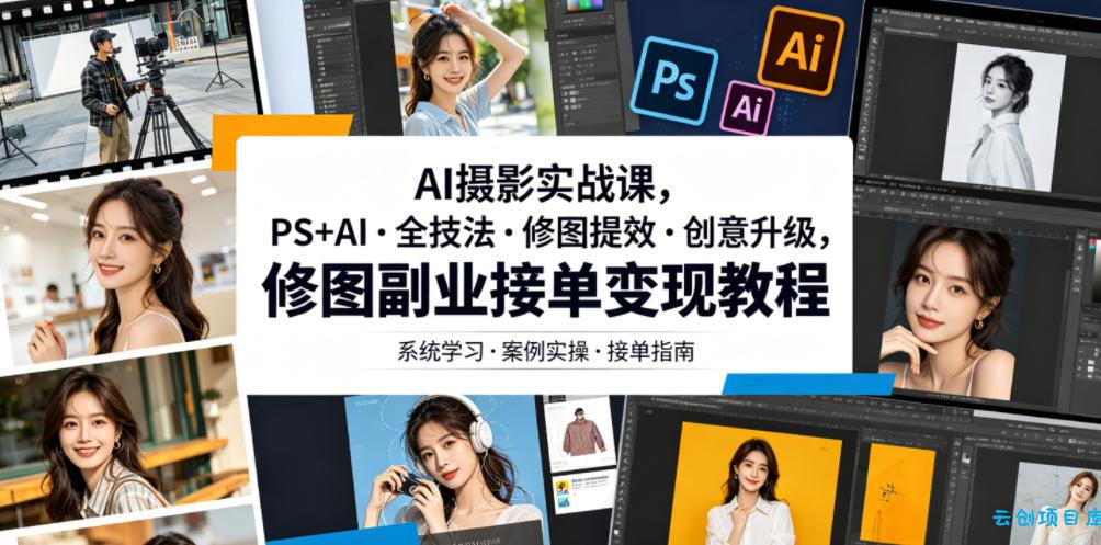 AI摄影实战课，PS+AI・全技法・修图提效・创意升级，修图副业接单变现教程-云创项目库