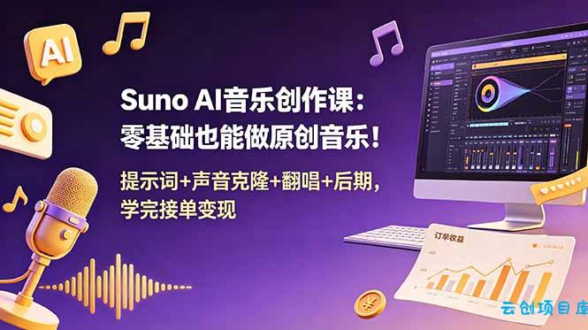 Suno AI音乐创作课：零基础也能做原创音乐！提示词+声音克隆+翻唱+后期，学完接单变现-云创项目库