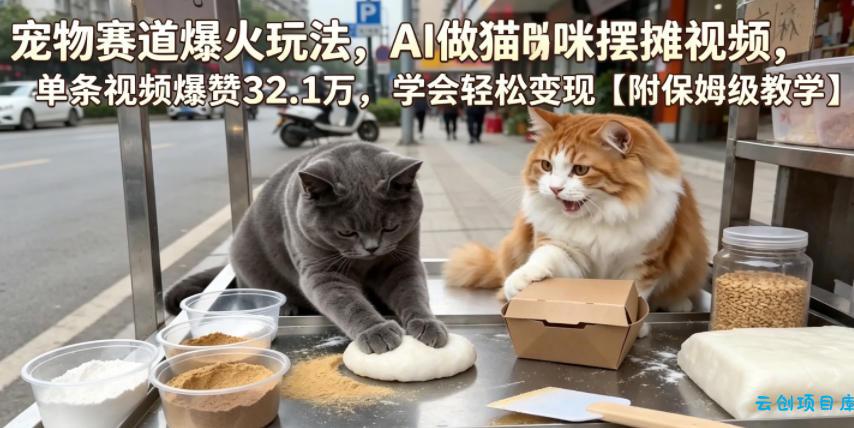 宠物赛道爆火玩法，AI做猫咪摆摊视频，单条视频爆赞32.1万，学会轻松变现【附保姆级教学】-云创项目库