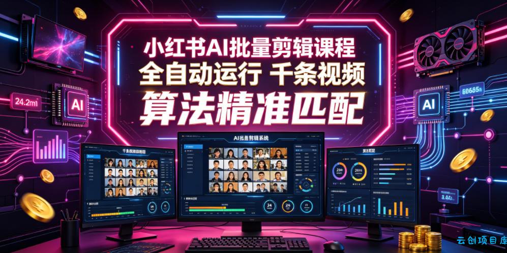 小红书AI批量剪辑课程，24小时全自动运行，解放双手专注运营，千条视频批量处理，小红书算法精准匹配-云创项目库