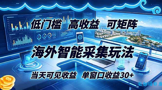 海外智能采集玩法，低门槛高单价可矩阵，当天可见收益，单窗口30+-云创项目库