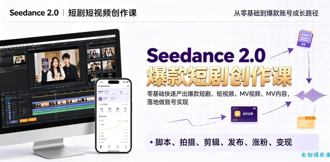 Seedance 2.0短剧短视频创作课，零基础快速产出爆款短剧、短视频、MV内容，落地做账号实现变现-云创项目库