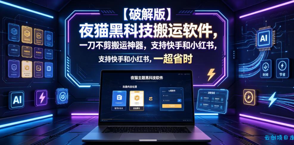 【破解版】夜猫黑科技搬运软件，一刀不剪搬运神器，支持快手和小红书，一键搬运超省时！-云创项目库