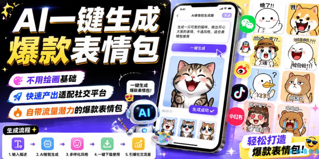 AI一键生成爆款表情包，不用绘画基础，快速产出适配社交平台，自带流量潜力的爆款表情包-云创项目库