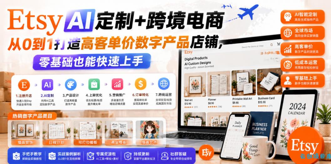 Etsy AI定制+跨境电商，从0到1打造高客单价数字产品店铺，零基础也能快速上手-云创项目库