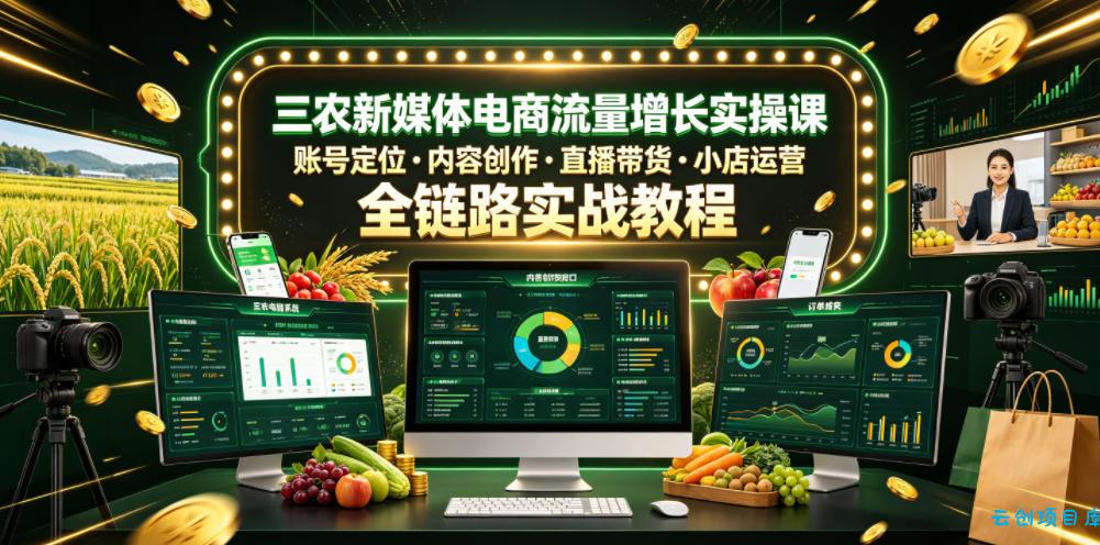 三农新媒体电商流量增长实操课,账号定位・内容创作・直播带货・小店运营,全链路实战教程
