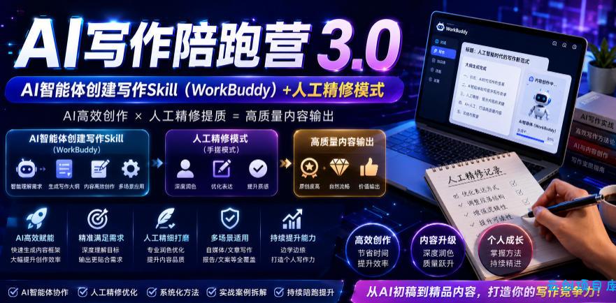 AI写作陪跑营3.0，Ai智能体创建写作skill(workbuddy)+人工手写模式(手搓模式)，去除AI痕迹(头条号、公众号、百家号)-云创项目库