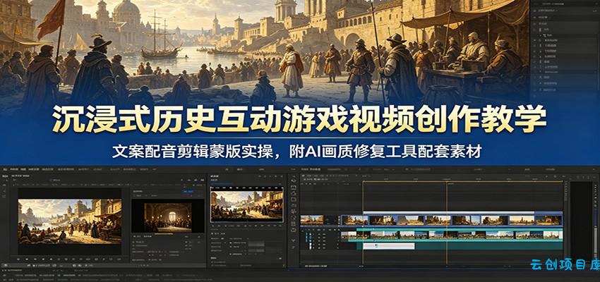 沉浸式历史互动游戏视频创作教学：文案配音剪辑蒙版实操，附AI画质修复工具配套素材-云创项目库