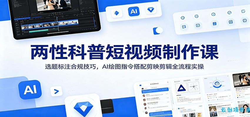 两性科普短视频制作课：选题标注合规技巧，AI绘图指令搭配剪映剪辑全流程实操-云创项目库