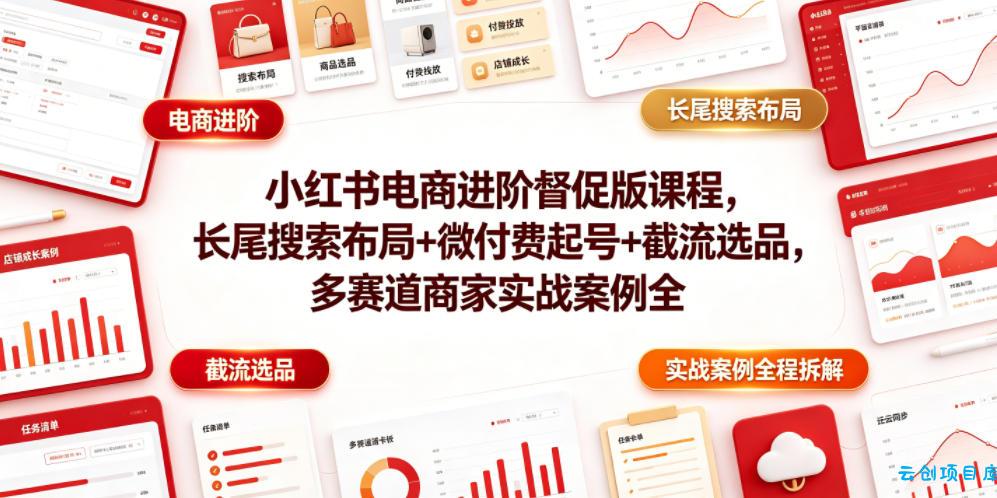 小红书电商进阶督促版课程，长尾搜索布局+微付费起号+截流选品，多赛道商家实战案例全程拆解-云创项目库