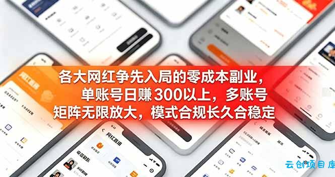 各大网红争先入局的零成本副业，单账号日赚 300 以上，多号矩阵可放大，模式合规长久稳定！-云创项目库
