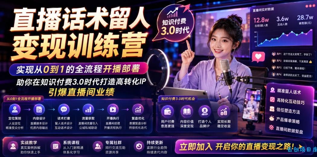 直播话术留人变现训练营，实现从0到1的全流程开播部署，助你在知识付费3.0时代打造高转化IP，引爆直播间业绩-云创项目库