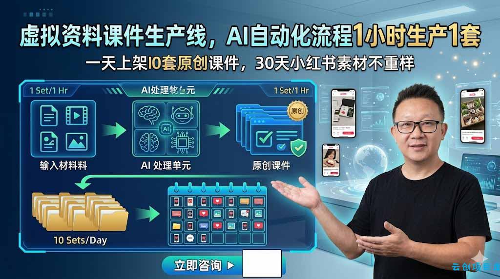 虚拟资料课件生产线，AI自动化流程1小时生产1套，一天上架10套原创课件，30天小红书素材不重样-云创项目库